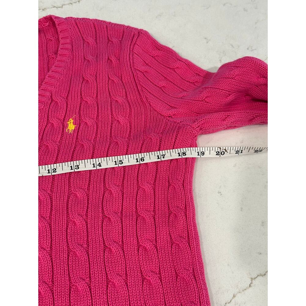 Ralph Lauren Sport Womens M Pink Cable Knit V Neck Cotton Sweater Preppy Pony - Picture 7 of 8